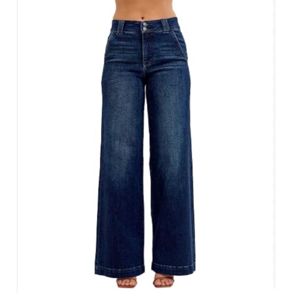 Judy Blue Jeans Womens 3/26 Blue High Rise Wide Leg Dark Wash Stretch Denim
